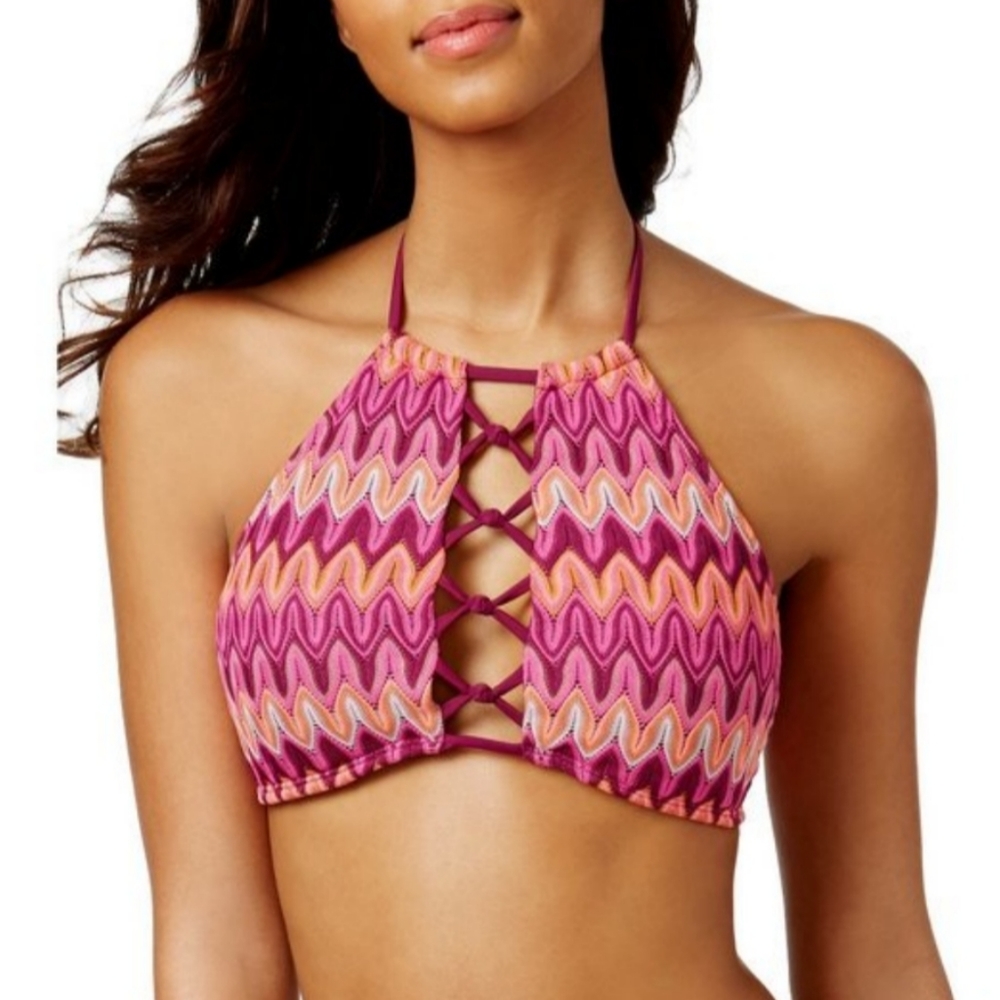 Hula Honey Festival Dream Crochet Strappy Bikini Swim Top in Wine Large